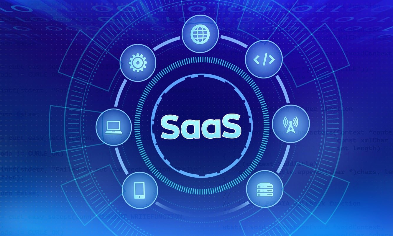 The inscription SaaS surrounded by technology