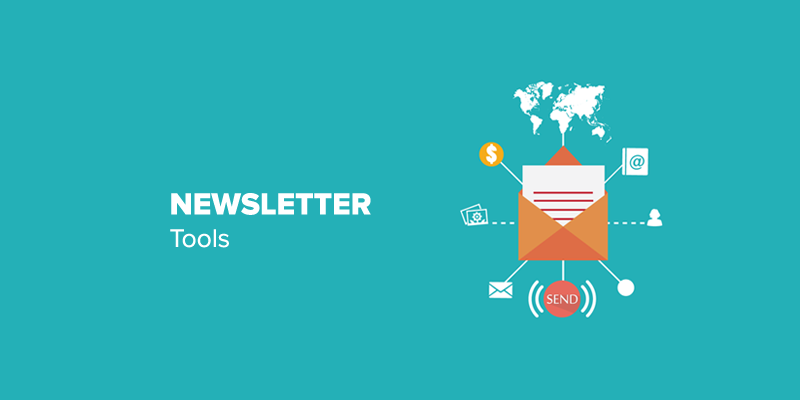 The inscription "Newsletter Tools" on a blue background and an image of the envelope against the world