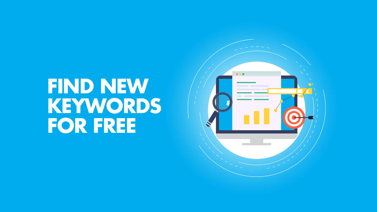 Inscription: Find new keywords for free on a blue background