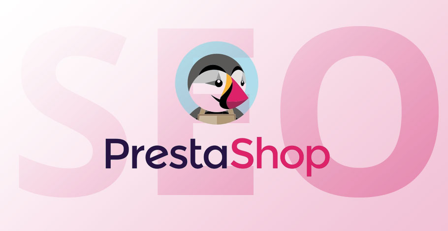 PrestaShop logo and a large SEO inscription in the background